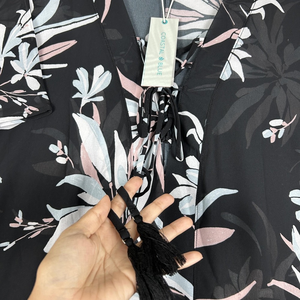 Coastal Blue Kaftan Swim‎ Cover Up Womens Large Black Floral Sheer Tassel Cruise - Picture 7 of 9